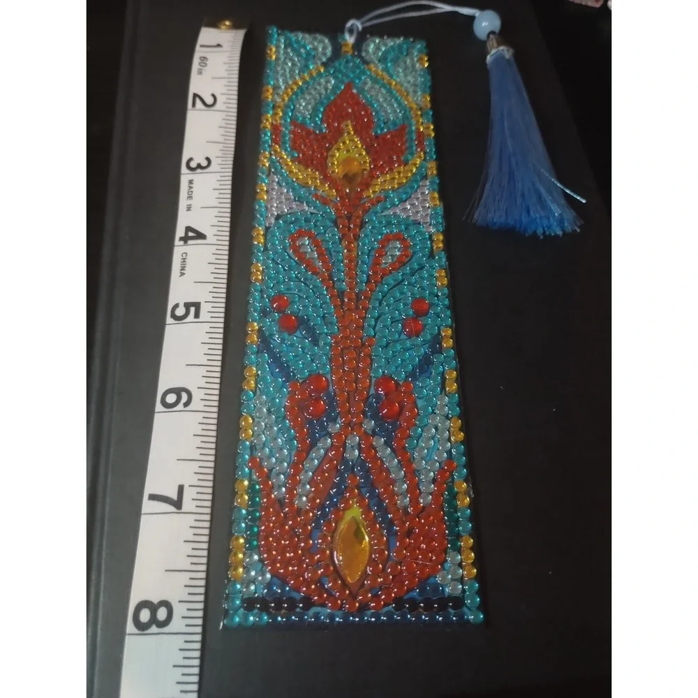 Handmade Diamond Painting Floral Bookmark Blue Tassel Resin Rhinestone 7.75
